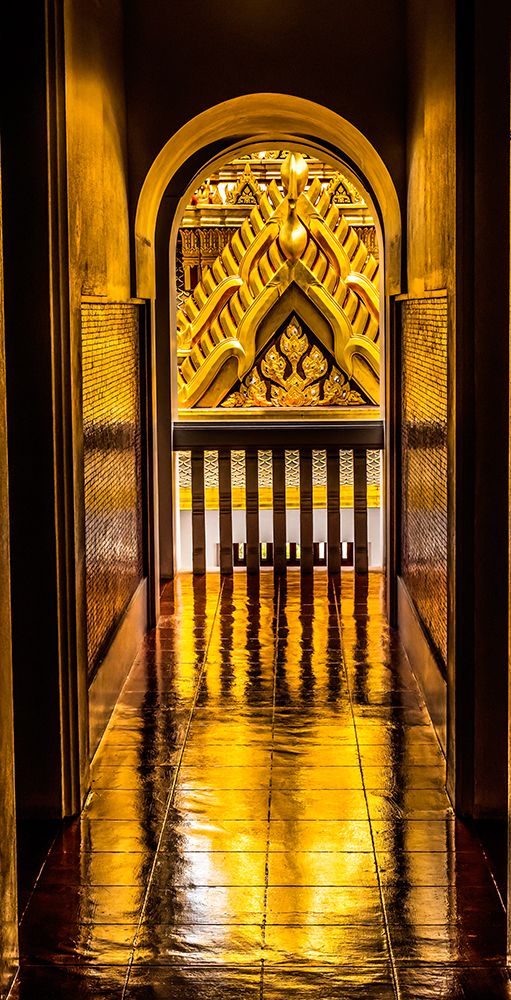 Spire reflection, Loha Prasat Temple, Wat Ratchanatdaram, Worawihan, Bangkok, Thailand. Built 1846.